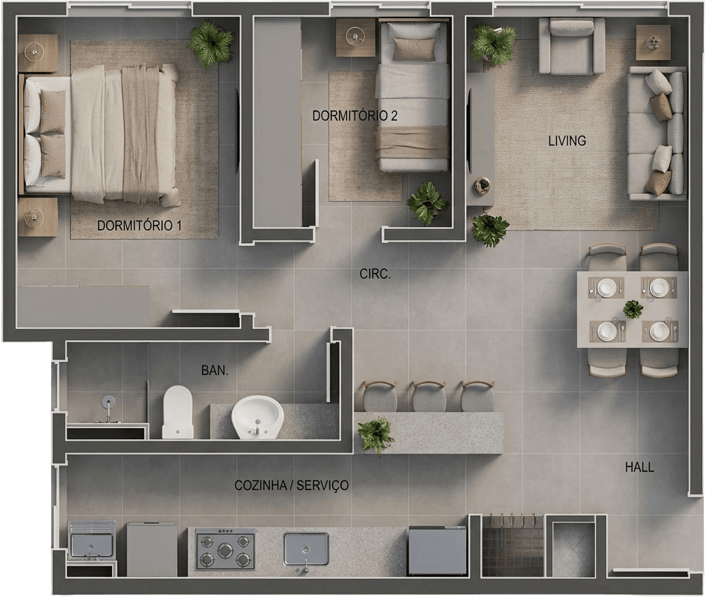Planta baixa do Tipo 01, 56,86 m² privativos