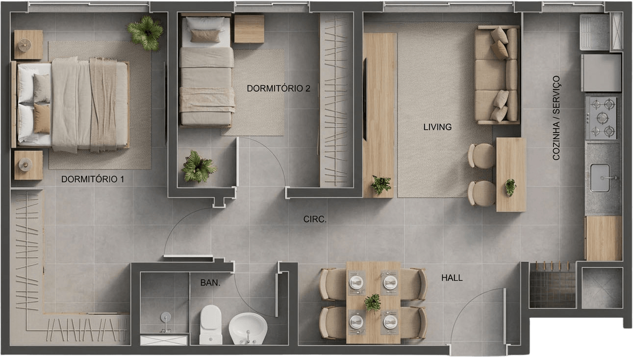 Planta baixa do Tipo 02, 53,77 m² privativos