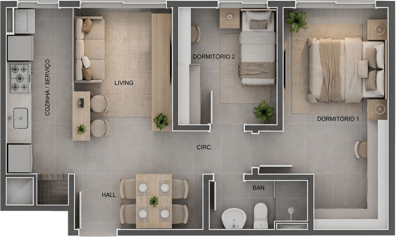 Planta baixa do Tipo 03, 57,10 m² privativos
